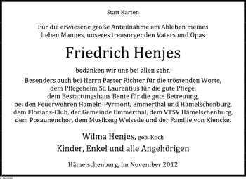 Traueranzeige von Friedrich Henjes von Deister- und Weserzeitung