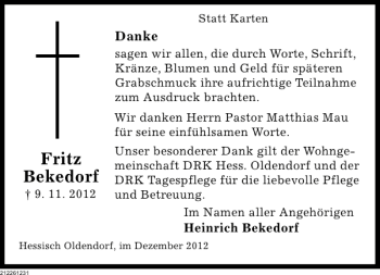 Traueranzeige von Fritz Bekedorf von Deister- und Weserzeitung