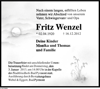 Traueranzeige von Fritz Wenzel von Deister- und Weserzeitung
