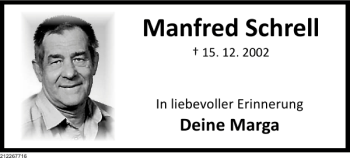 Traueranzeige von Gedenkanzeige Manfred Schrell von Deister- und Weserzeitung