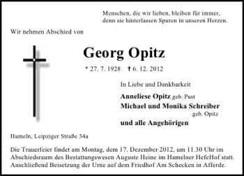 Traueranzeige von Georg Opitz von Deister- und Weserzeitung