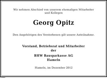 Traueranzeige von Georg Opitz von Deister- und Weserzeitung