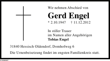 Traueranzeige von Gerd Engel von Deister- und Weserzeitung