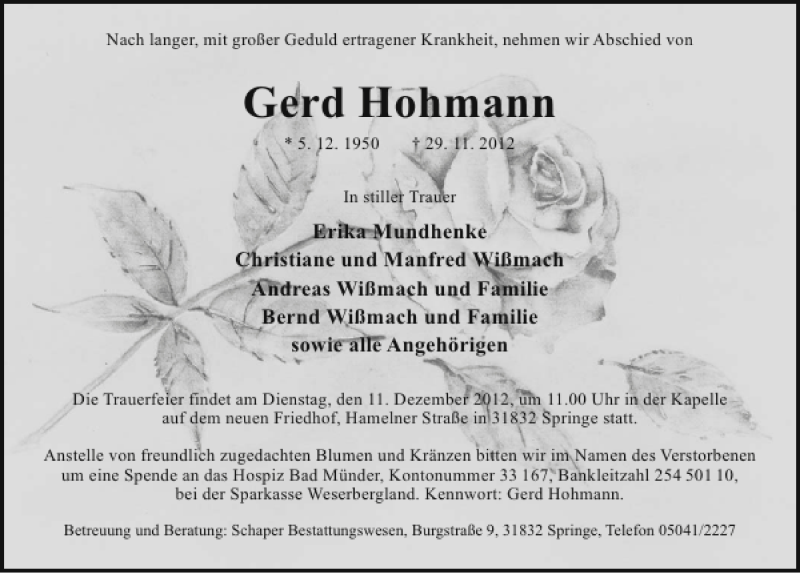  Traueranzeige für Gerd Hohmann vom 08.12.2012 aus Neue Deister-Zeitung