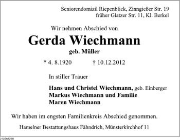 Traueranzeige von Gerda Wiechmann von Deister- und Weserzeitung