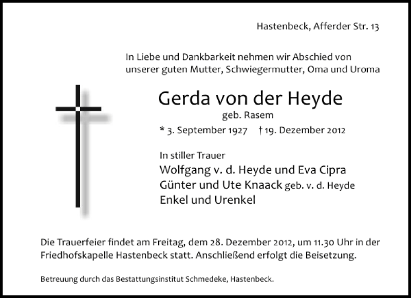  Traueranzeige für Gerda von der Heyde vom 22.12.2012 aus Deister- und Weserzeitung
