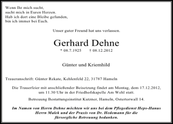 Traueranzeige von Gerhard Dehne von Deister- und Weserzeitung