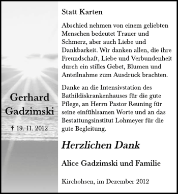 Traueranzeige von Gerhard Gadzimski von Deister- und Weserzeitung