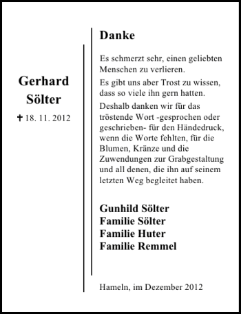 Traueranzeige von Gerhard Sölter von Deister- und Weserzeitung
