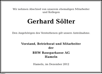 Traueranzeige von Gerhard Sölter von Deister- und Weserzeitung