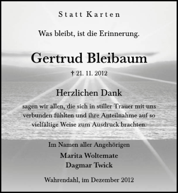 Traueranzeige von Gertrud Bleibaum von Deister- und Weserzeitung