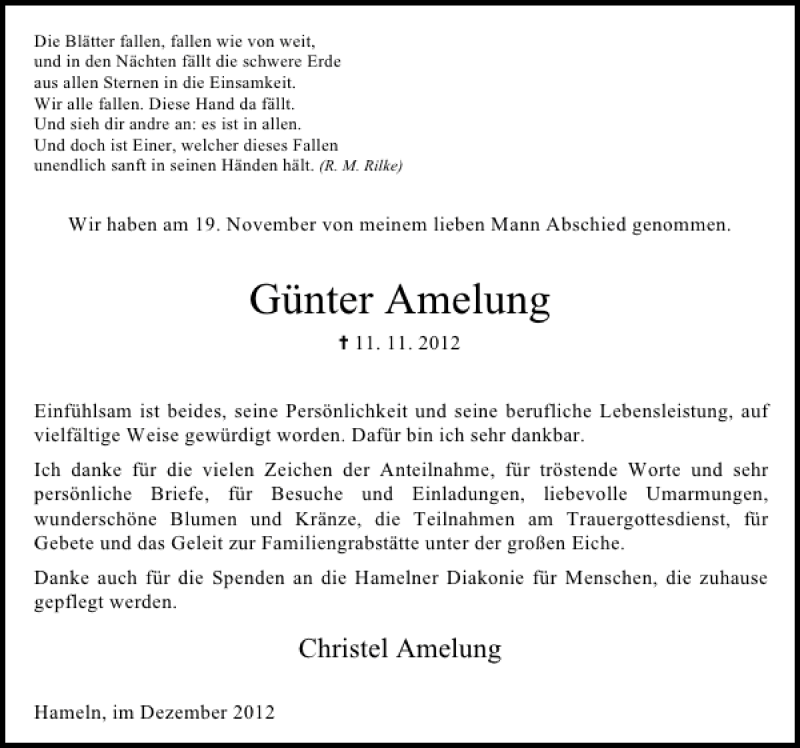  Traueranzeige für Günter Amelung vom 08.12.2012 aus Deister- und Weserzeitung