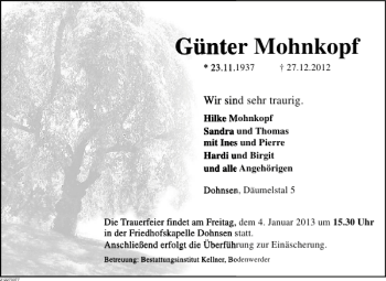 Traueranzeige von Günter Mohnkopf von Deister- und Weserzeitung