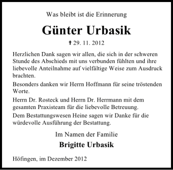 Traueranzeige von Günter Urbasik von Deister- und Weserzeitung