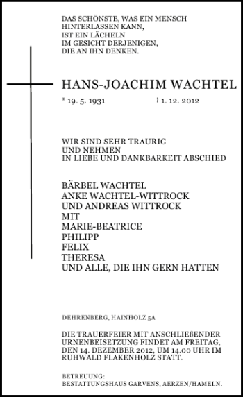Traueranzeige von Hans-Joachim Wachtel von Deister- und Weserzeitung