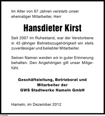 Traueranzeige von Hansdieter Kirst von Deister- und Weserzeitung