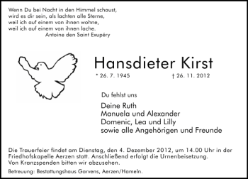Traueranzeige von Hansdieter Kirst von Deister- und Weserzeitung