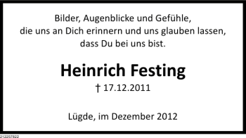 Traueranzeige von Heinrich Festing von Deister- und Weserzeitung