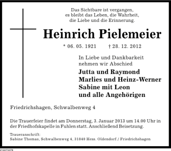 Traueranzeige von Heinrich Pielemeier von Deister- und Weserzeitung