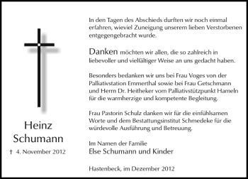 Traueranzeige von Heinz Schumann von Deister- und Weserzeitung