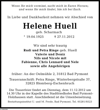 Traueranzeige von Helene Huell von Deister- und Weserzeitung