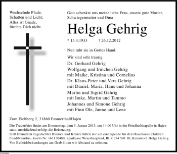 Traueranzeige von Helga Gehring von Deister- und Weserzeitung