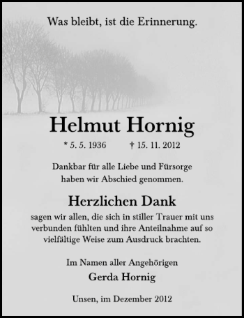 Traueranzeige von Helmut Hornig von Deister- und Weserzeitung