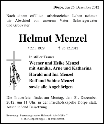 Traueranzeige von Helmut Menzel von Deister- und Weserzeitung