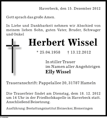 Traueranzeige von Herbert Wissel von Deister- und Weserzeitung