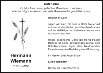 Traueranzeige von Hermann Wiemann von Deister- und Weserzeitung