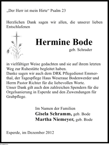 Traueranzeige von Hermine Bode von Deister- und Weserzeitung