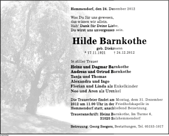 Traueranzeige von Hilde Barnkothe von Deister- und Weserzeitung