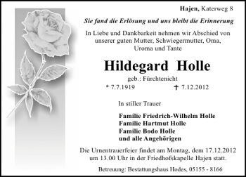 Traueranzeige von Hildegard Holle von Deister- und Weserzeitung