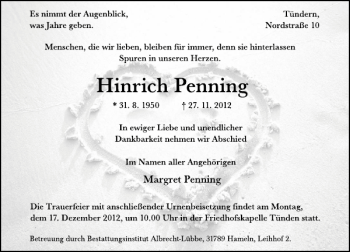 Traueranzeige von Hinrich Penning von Deister- und Weserzeitung