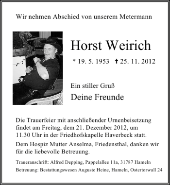 Traueranzeige von Horst Weirich von Deister- und Weserzeitung