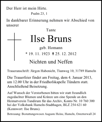 Traueranzeige von Ilse Bruns von Deister- und Weserzeitung