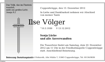 Traueranzeige von Ilse Vögler von Deister- und Weserzeitung