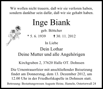 Traueranzeige von Inge Biank von Deister- und Weserzeitung