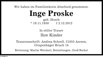 Traueranzeige von Inge Proske von Deister- und Weserzeitung