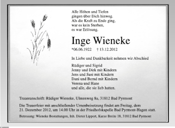 Traueranzeige von Inge Wieneke von Deister- und Weserzeitung