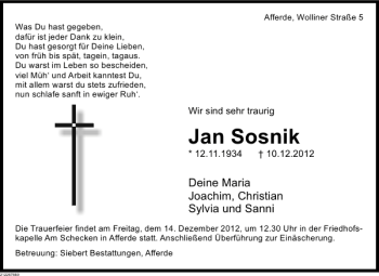 Traueranzeige von Jan Josnik von Deister- und Weserzeitung