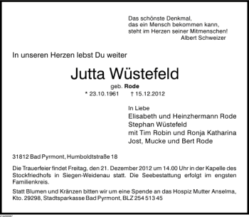 Traueranzeige von Jutta Wüstefeld von Deister- und Weserzeitung