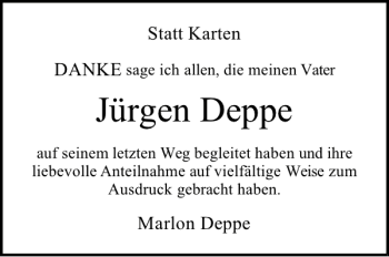 Traueranzeige von Jürgen Deppe von Deister- und Weserzeitung
