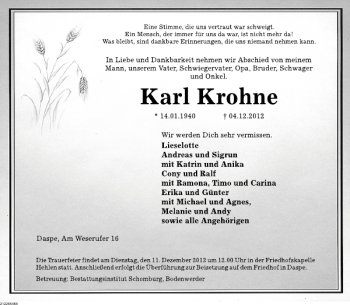 Traueranzeige von Karl Krohne von Deister- und Weserzeitung