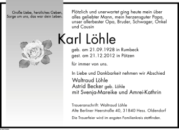 Traueranzeige von Karl Löhle von Deister- und Weserzeitung