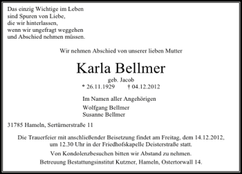 Traueranzeige von Karla Bellmer von Deister- und Weserzeitung