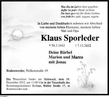 Traueranzeige von Klaus Sporleder von Deister- und Weserzeitung
