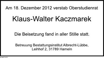 Traueranzeige von Klaus-Walter Kaczmarek von Deister- und Weserzeitung