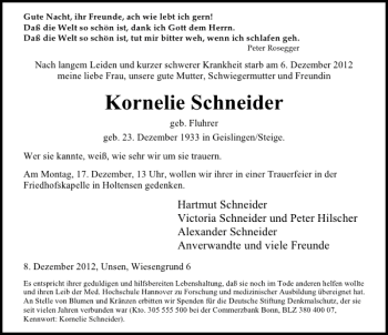 Traueranzeige von Kornelie Schneider von Deister- und Weserzeitung