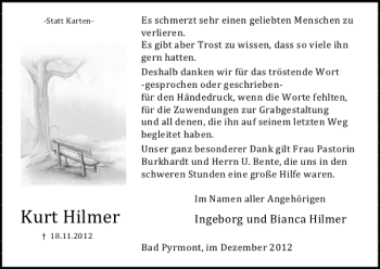 Traueranzeige von Kurt Hilmer von Deister- und Weserzeitung